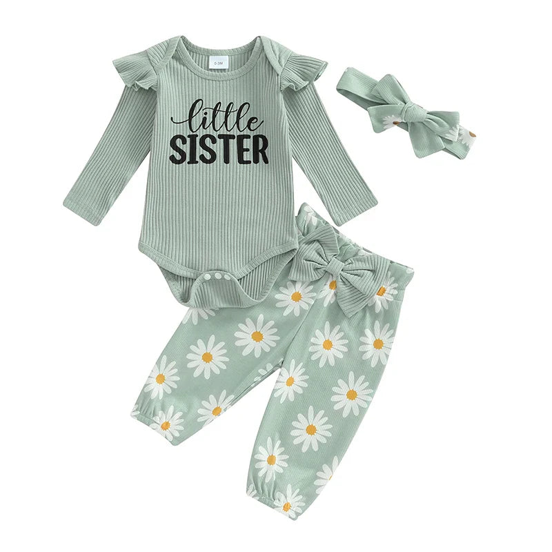 Baby Girls 3Pcs Little Sister Fall Outfit Letter Print Long Sleeve Romper with Daisy Flower Pattern Pants and Headband Set