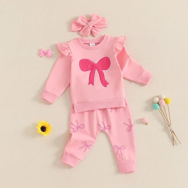 Baby Toddler Girls 3Pcs Fall Outfit Long Sleeve Bow Embroidery Crewneck Top + Jogger Pants + Headband Set