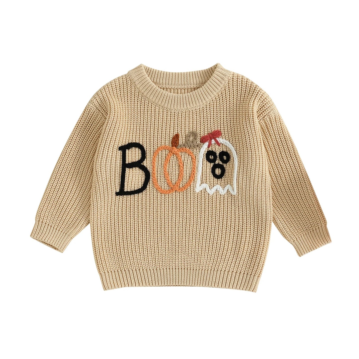 Baby Toddler Boys Girls Halloween Sweater Embroidery Boo Ribbed Crew Neck Long Sleeve Knitted Top for Fall