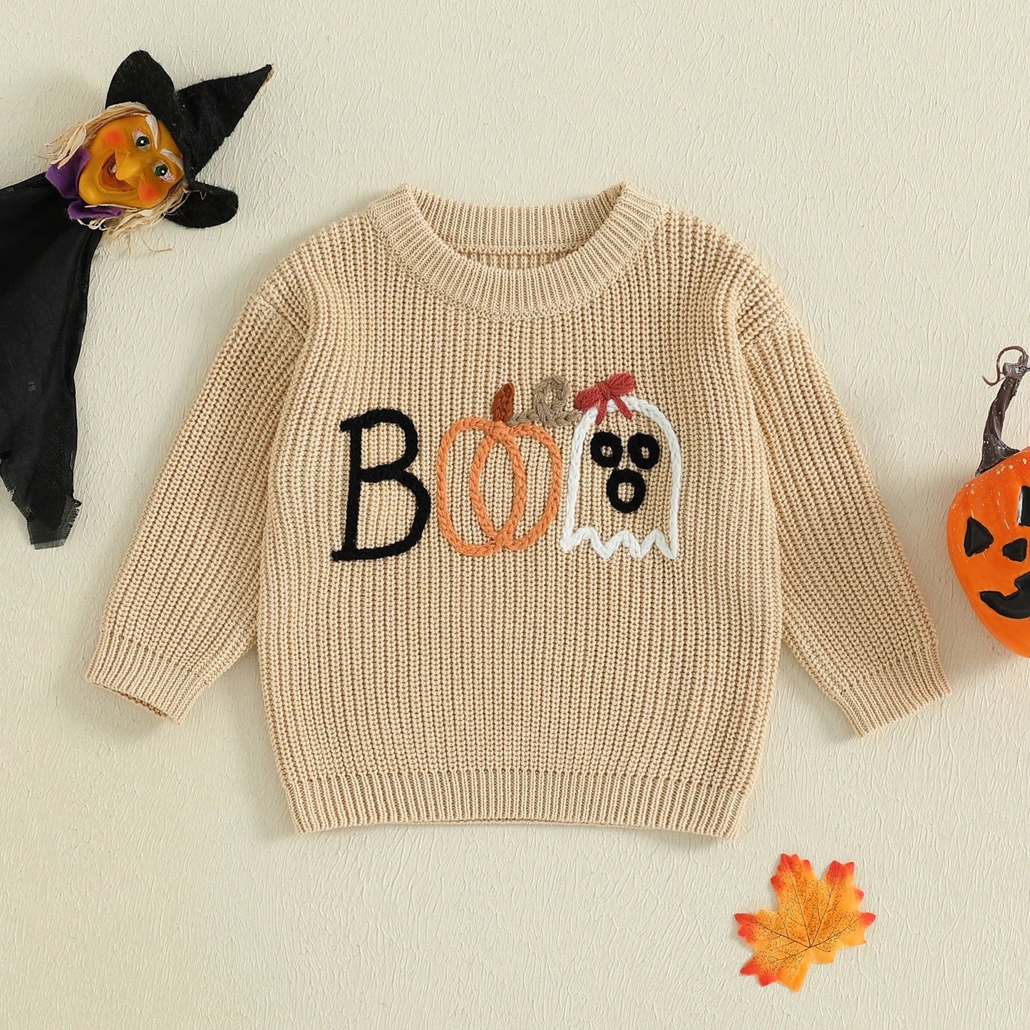 Baby Toddler Boys Girls Halloween Sweater Embroidery Boo Ribbed Crew Neck Long Sleeve Knitted Top for Fall