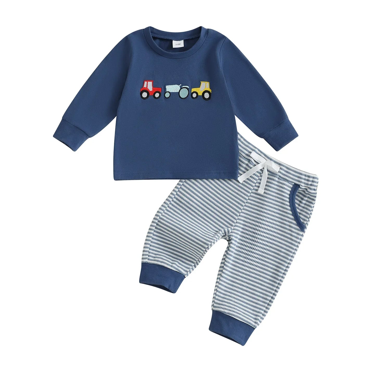 Baby Toddler Boys 2Pcs Outfit Car Embroidery Long Sleeve Top and Stripe Long Pants Clothes Set
