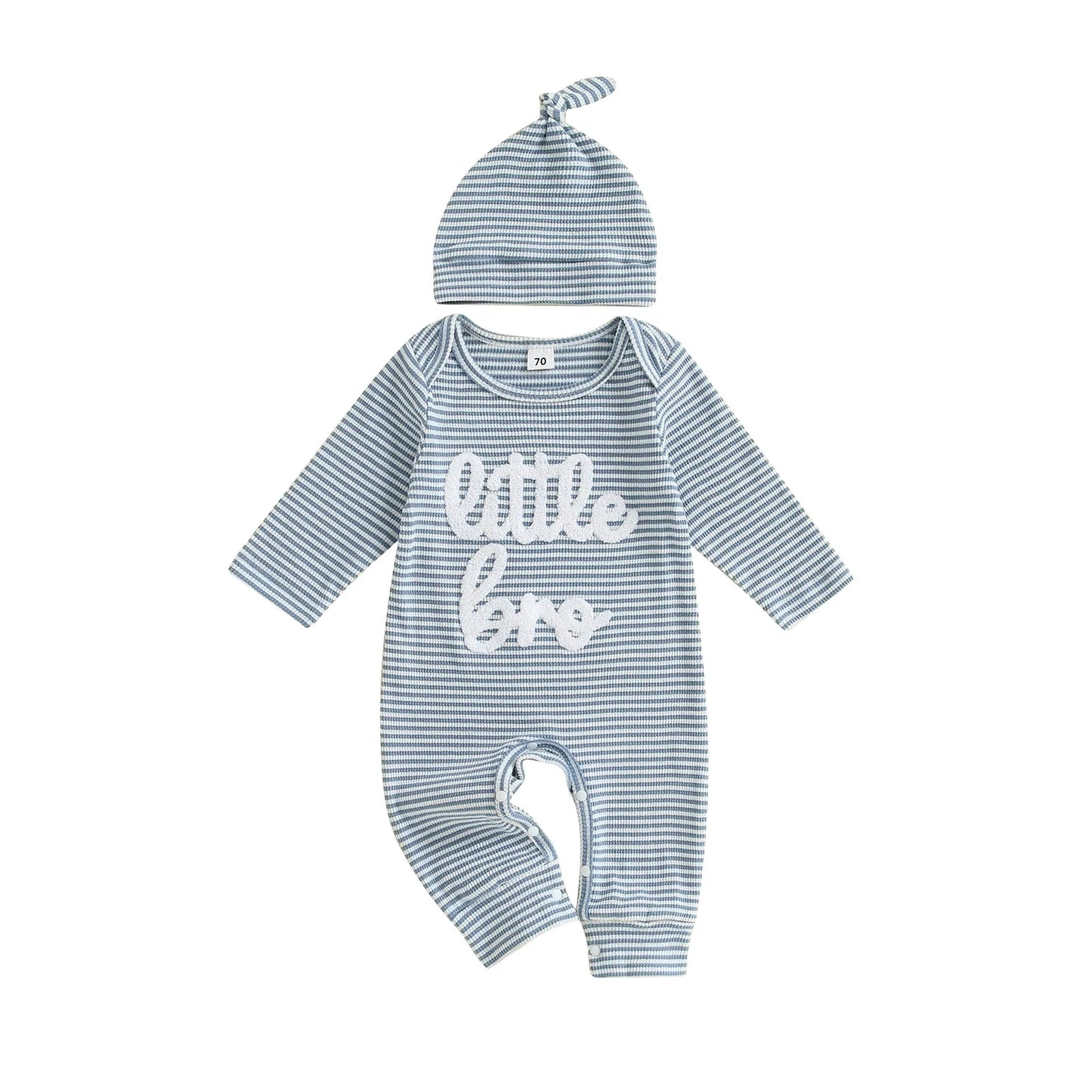 Baby Boys Autumn Striped Jumpsuit Long Sleeve Crewneck Letter Embroidery Romper with Hat