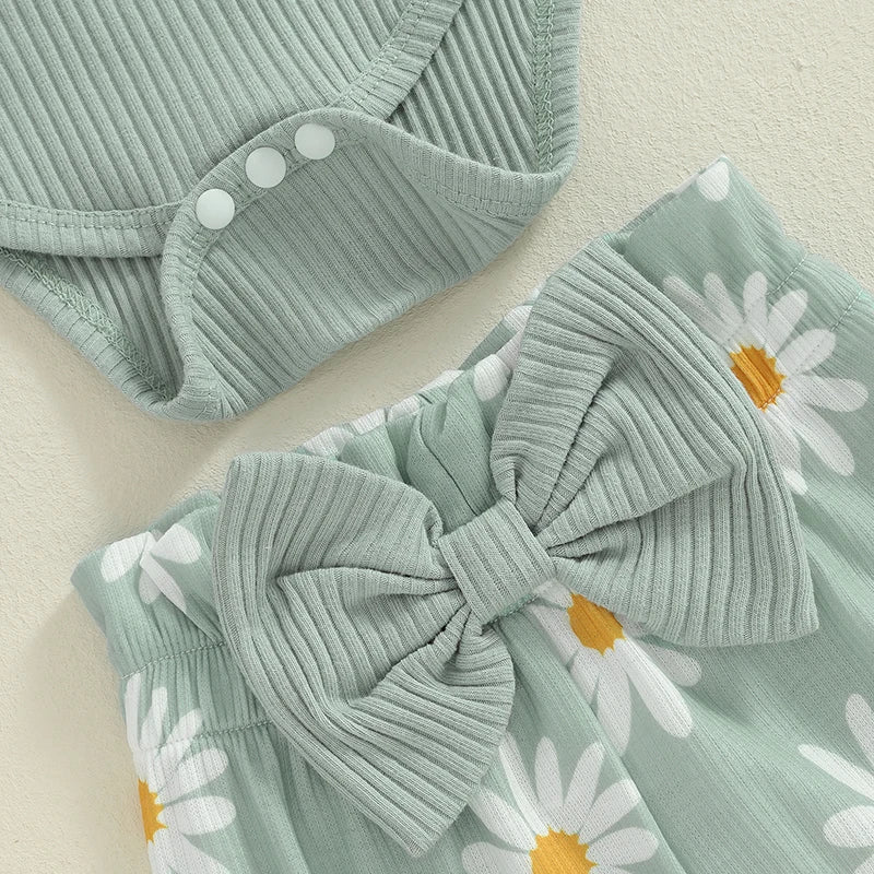 Baby Girls 3Pcs Little Sister Fall Outfit Letter Print Long Sleeve Romper with Daisy Flower Pattern Pants and Headband Set