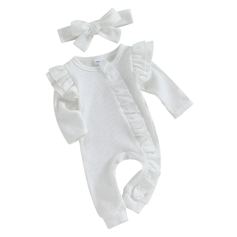 Baby Girl 2Pcs Clothes Ruffle Zipper Romper Long Sleeve Jumpsuit with Bow Headband