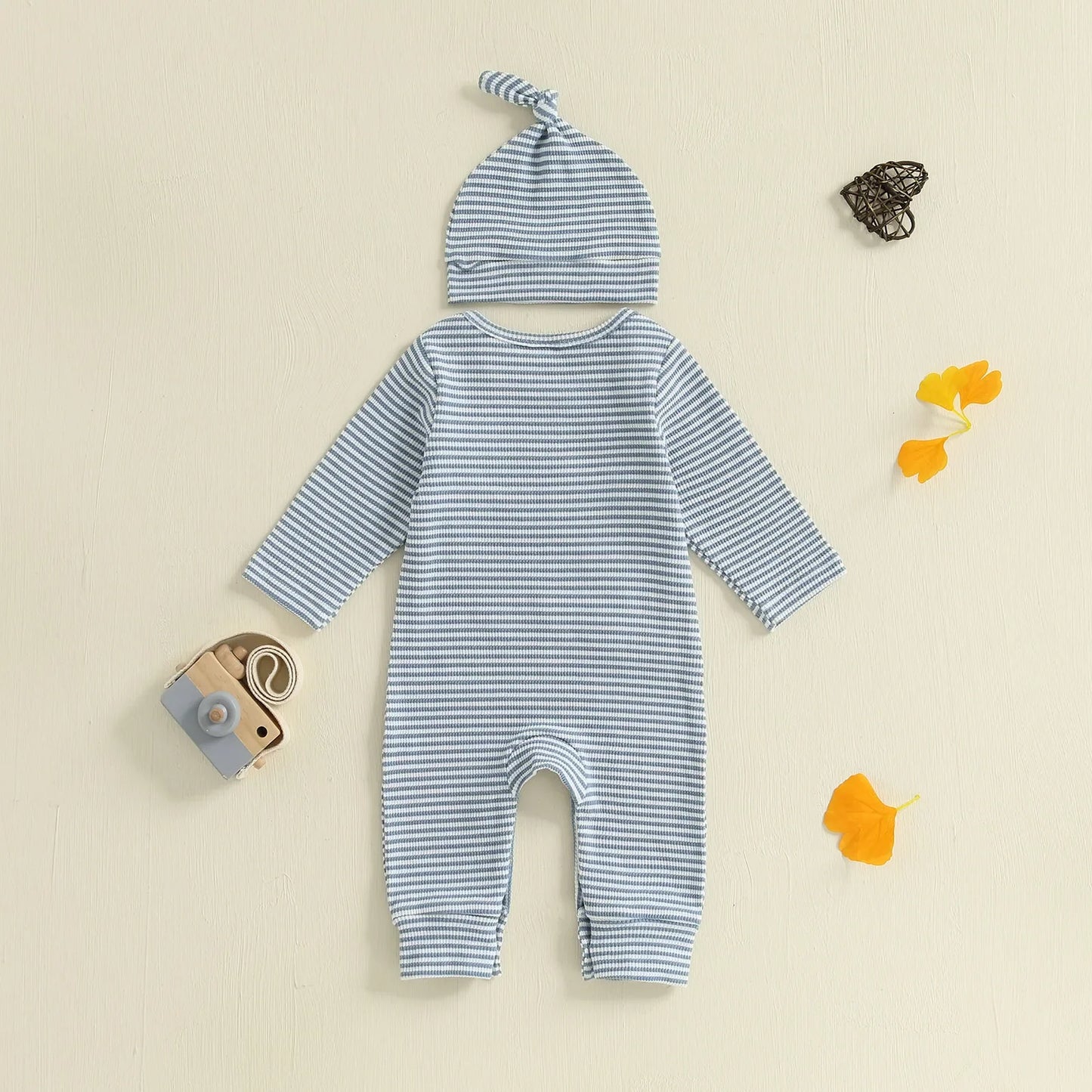Baby Boys Autumn Striped Jumpsuit Long Sleeve Crewneck Letter Embroidery Romper with Hat
