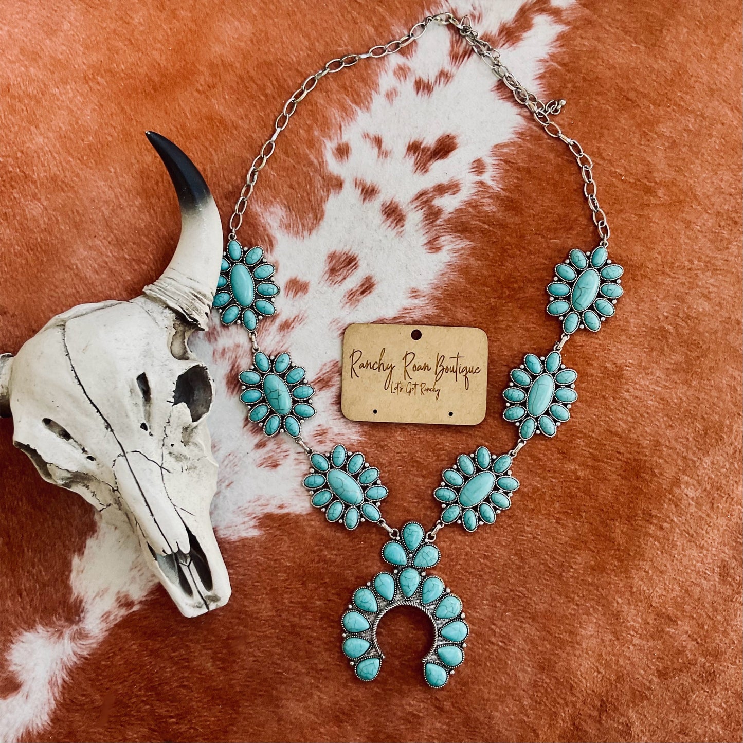 Western Statement Squash Blossom Necklace Set – Burnished Silver and Turquoise