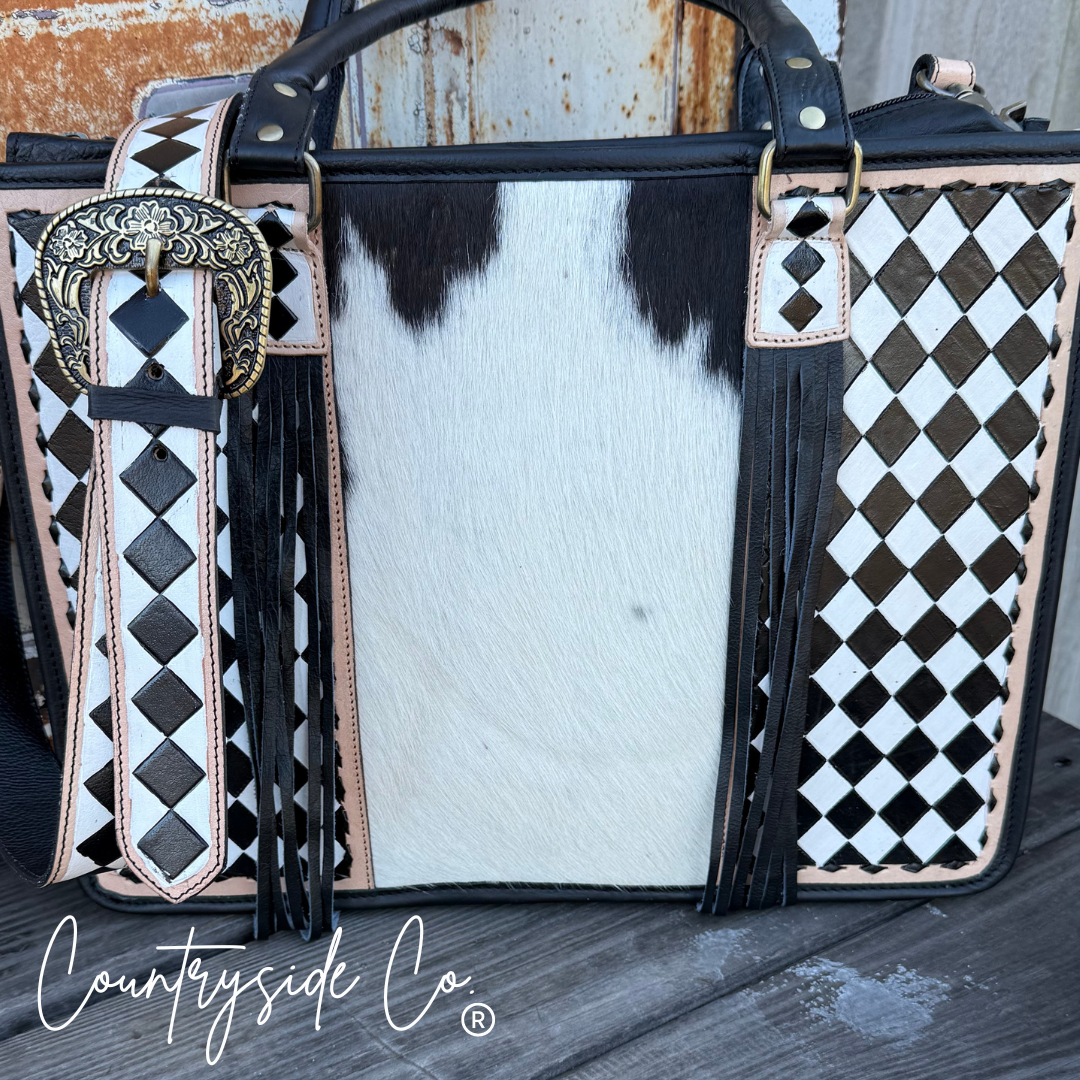Tinsley Checkered Leather Cowhide Conceal Carry Tote, Computer Bag