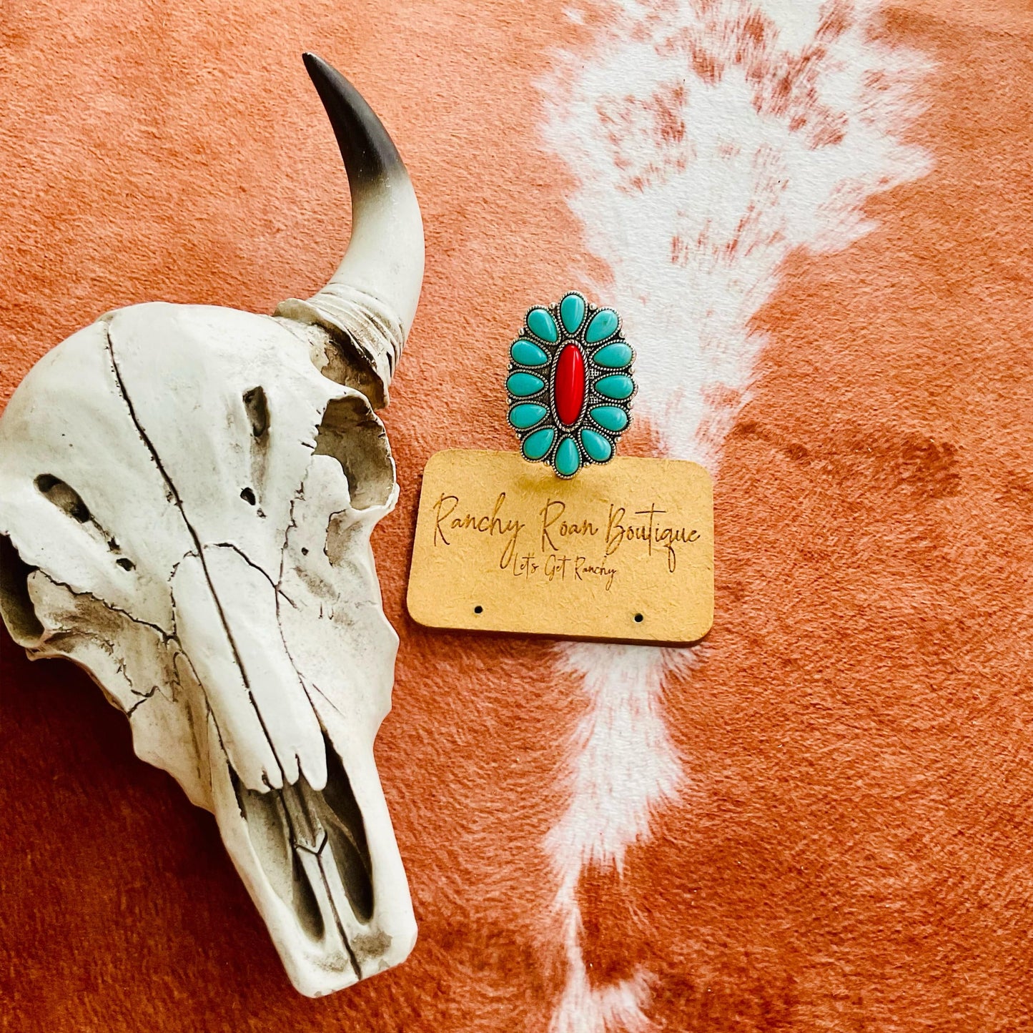 Western Design Turquoise and Red Cuff Ring