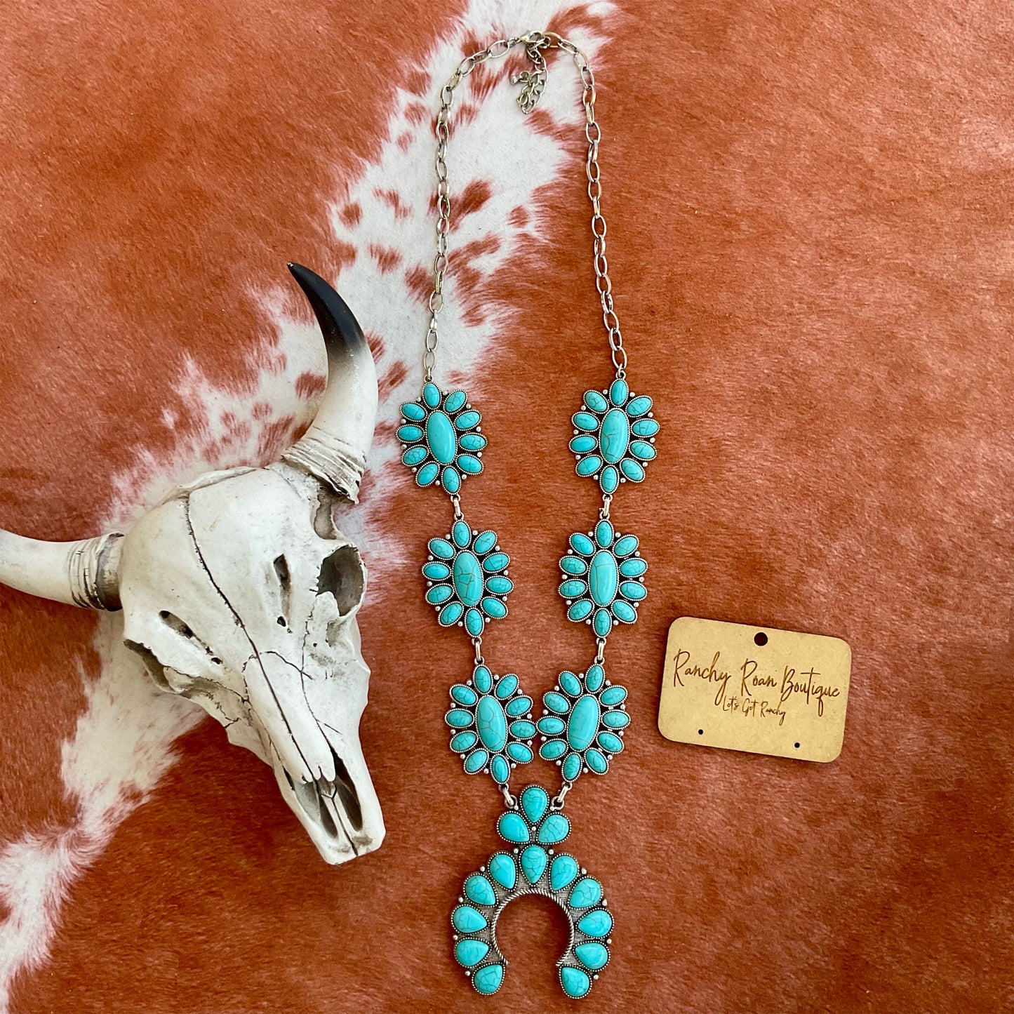 Western Statement Squash Blossom Necklace Set – Burnished Silver and Turquoise