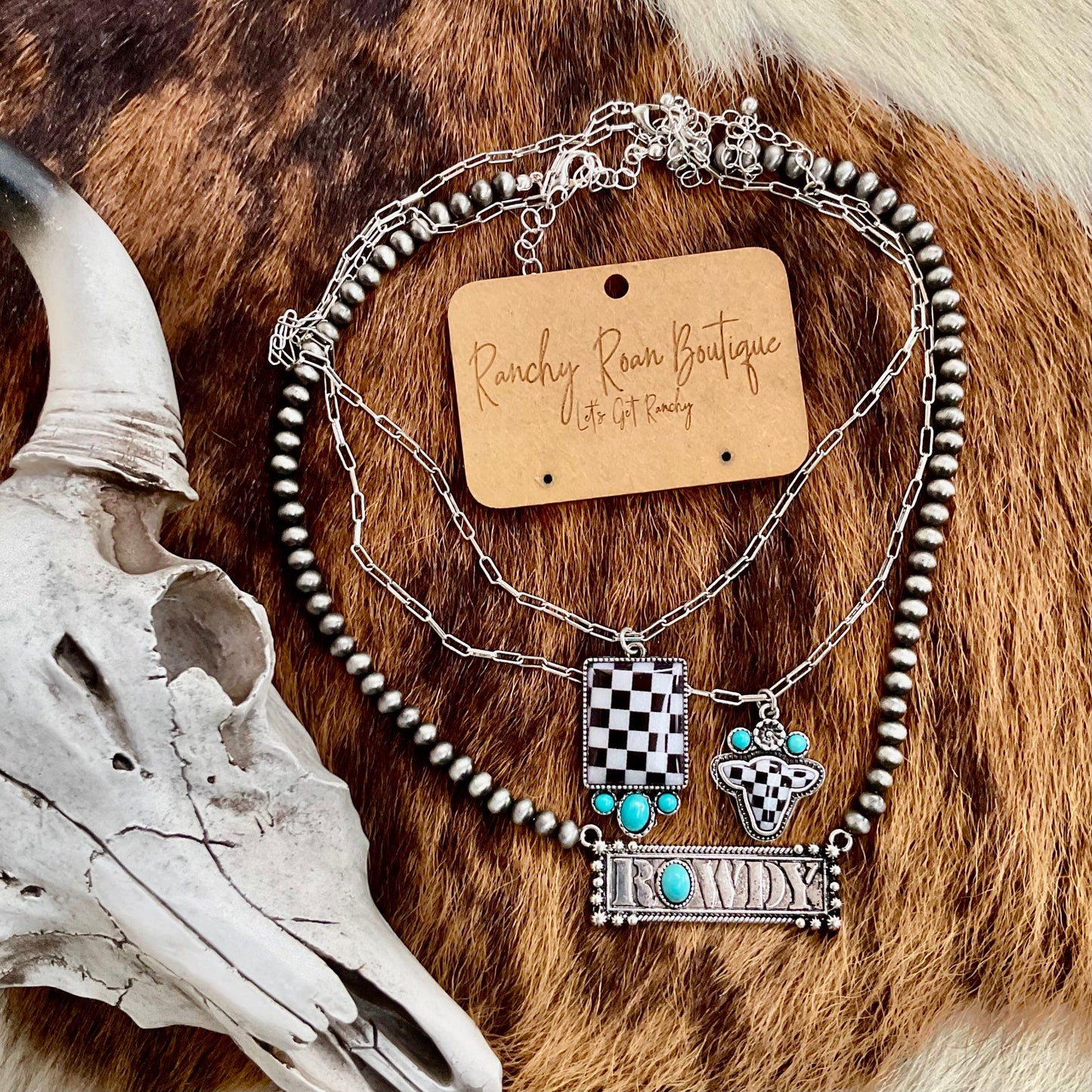 Western Checker Cow Head Necklace