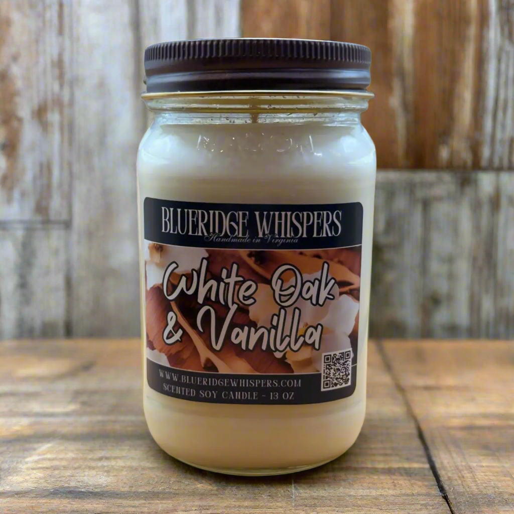 White Oak & Vanilla – Warm Whiskey Wood Soy Candle | 16 oz Mason Jar