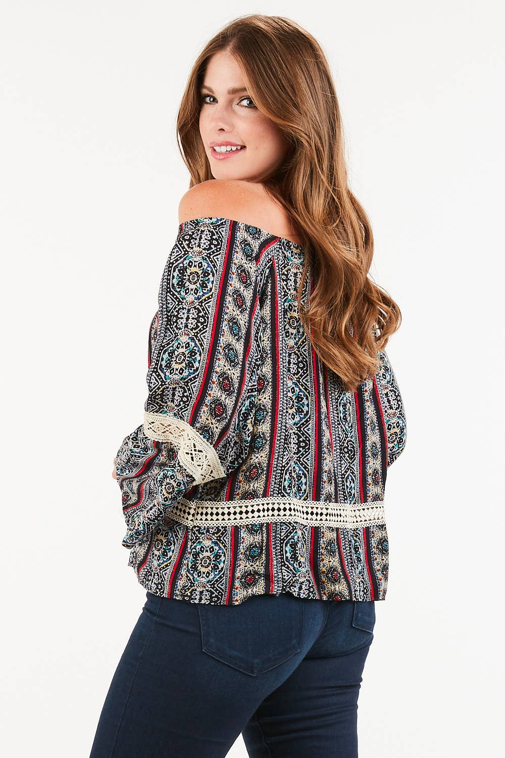 Women's Boho Off-Shoulder Blouse – Paisley Print with Tassels