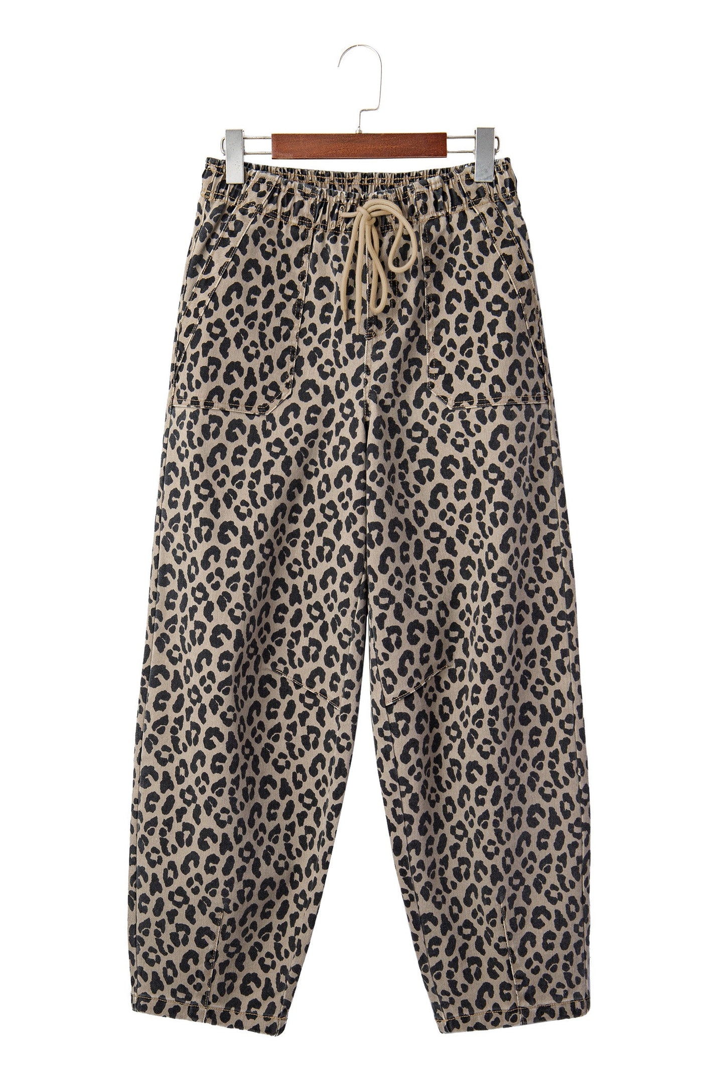 Leopard Denim Drawstring Elastic Waist Loose Pants
