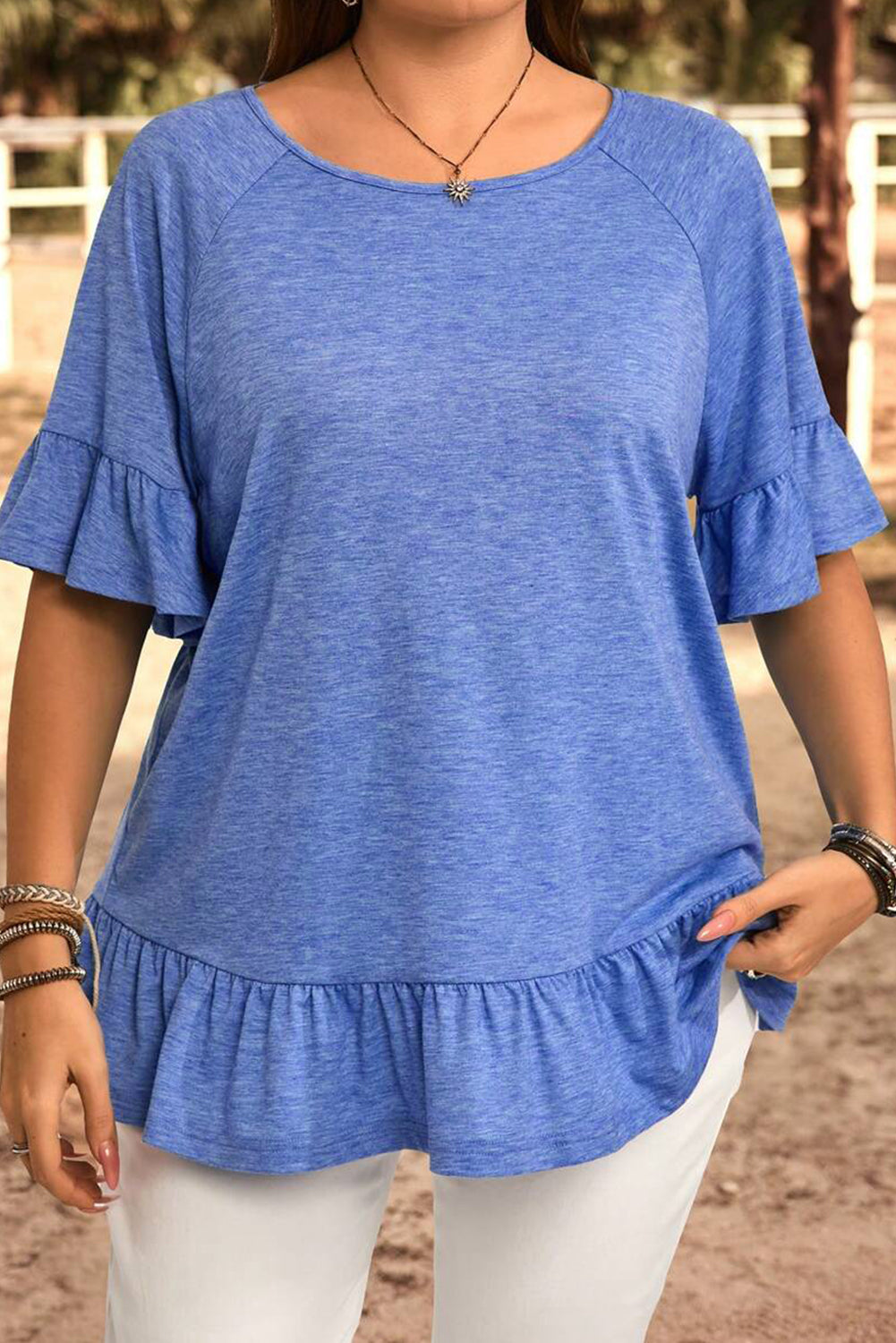 Plus Size Ruffle Raglan Short Sleeve Blouse