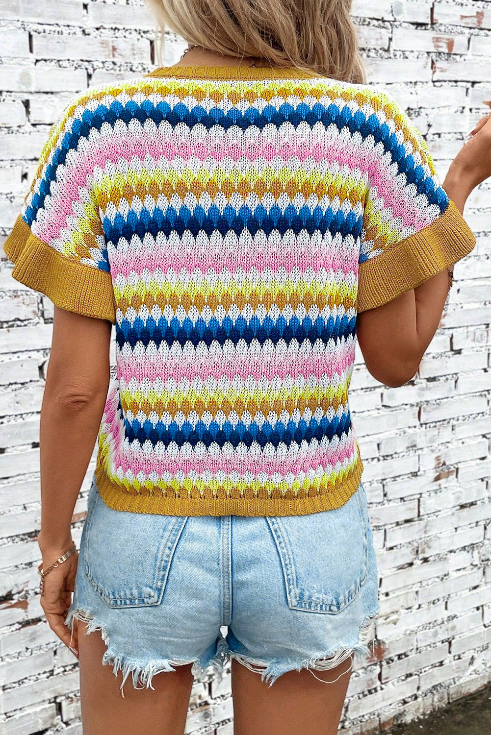 Stripe Ruffle Short Sleeve Sweater
