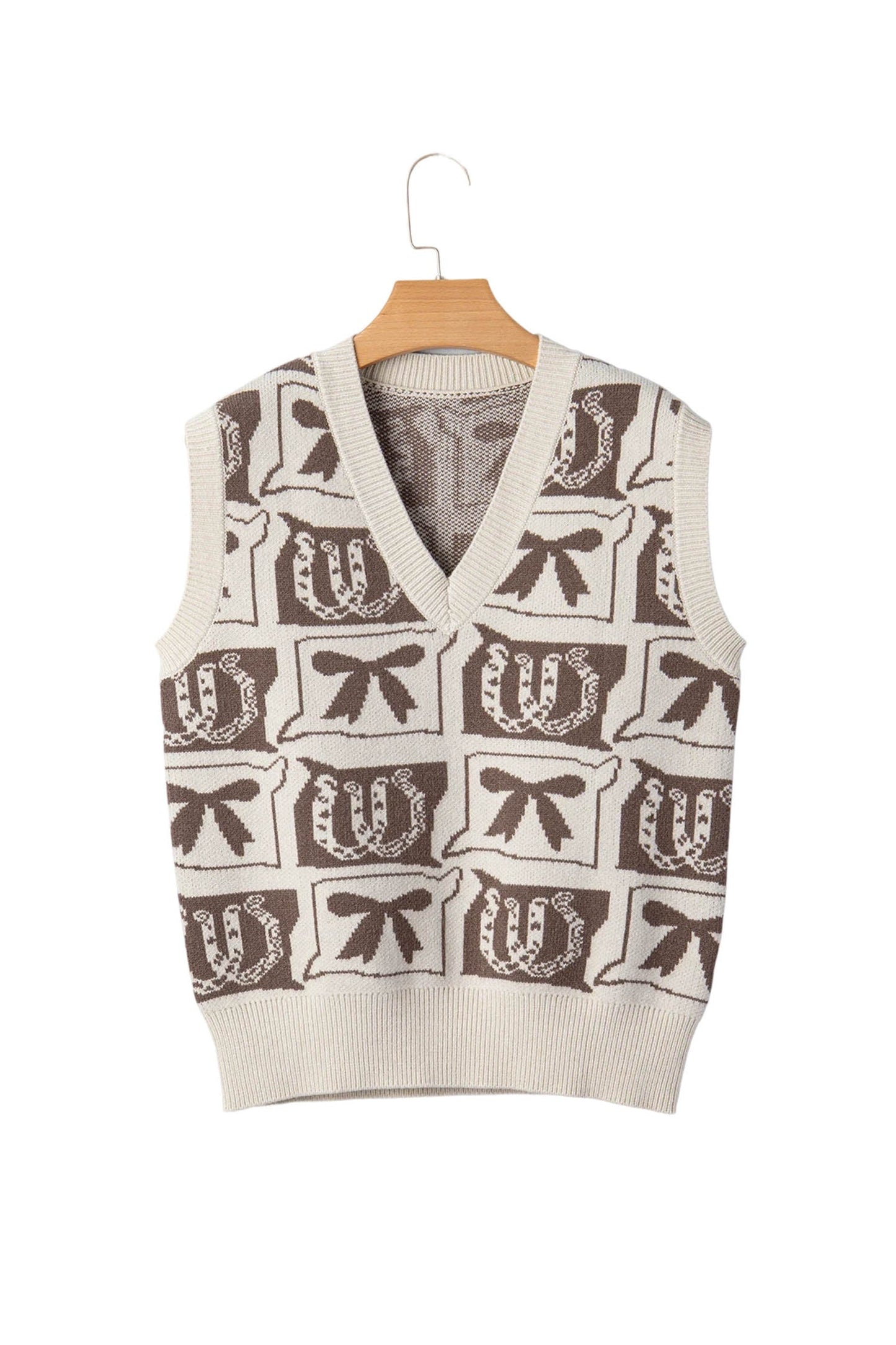 Western Horseshoes & Bows Sleeveless V-Neck Sweater Top