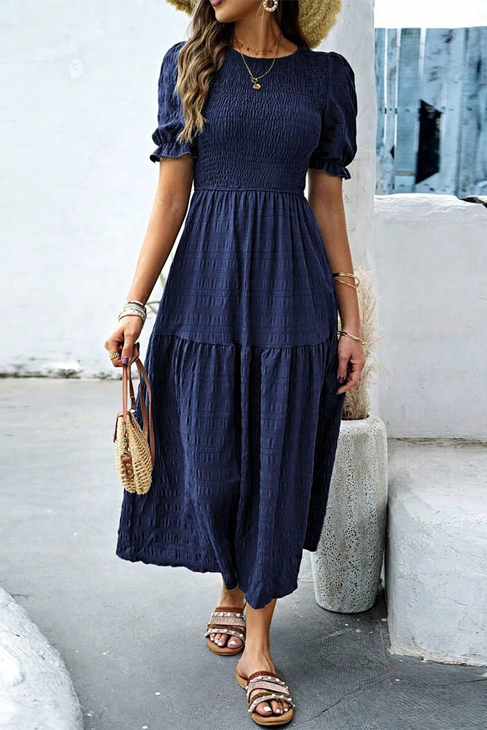 Smocked Short Sleeve Midi Dress