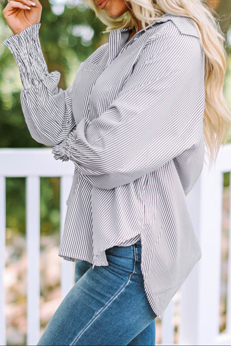 Stripe Smocked Cuff Buttoned Shirt