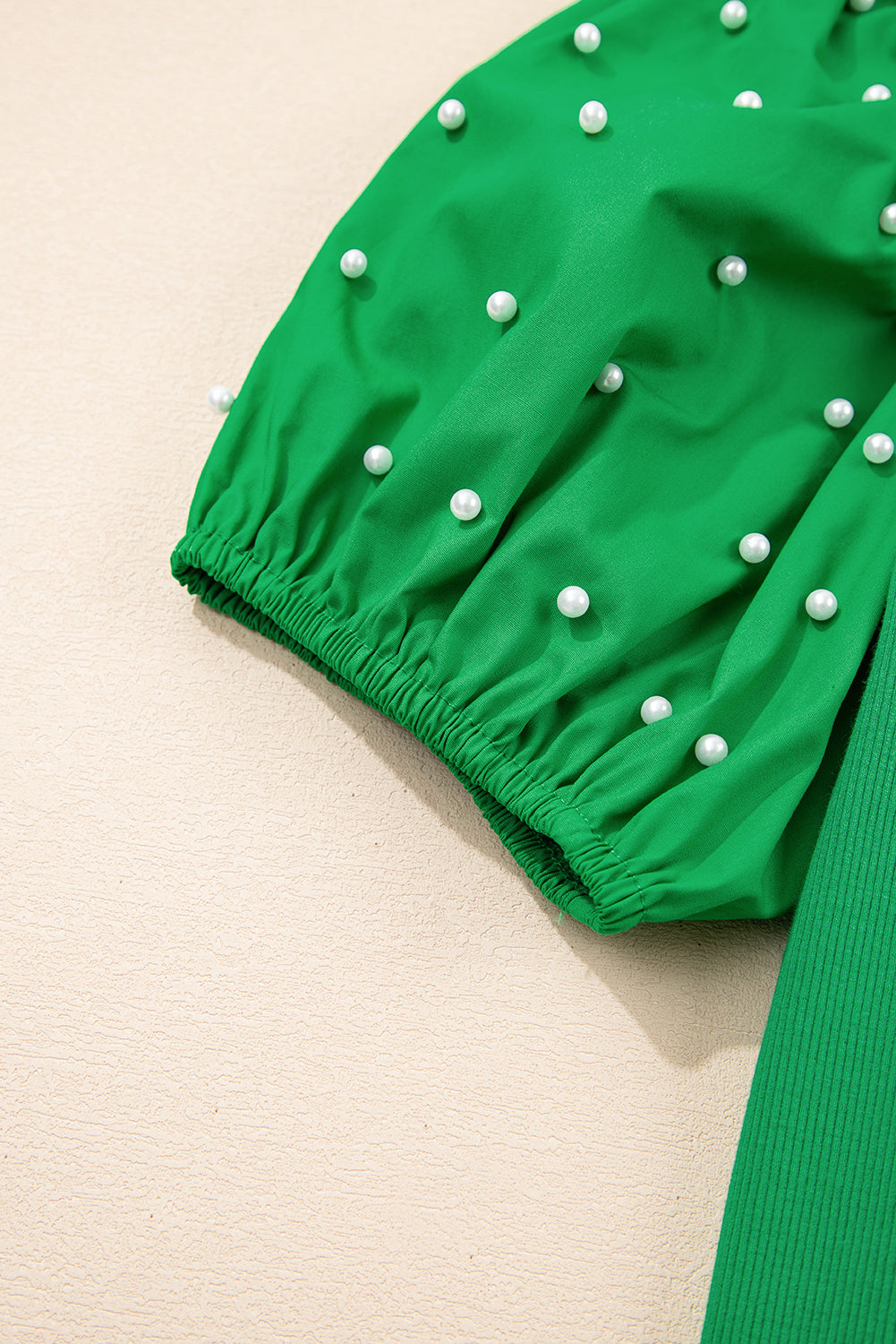 Pearl Beaded Ribbed Puff Sleeve Top