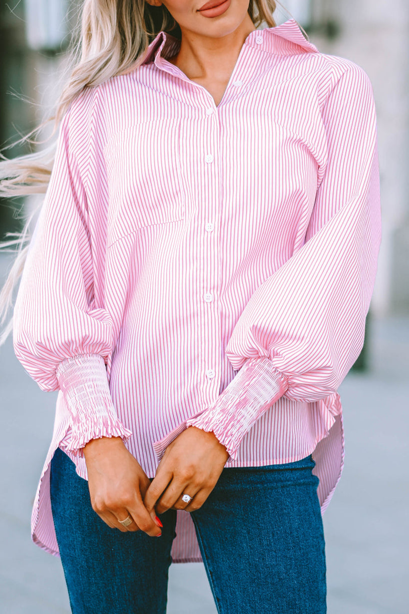 Stripe Smocked Cuff Buttoned Shirt