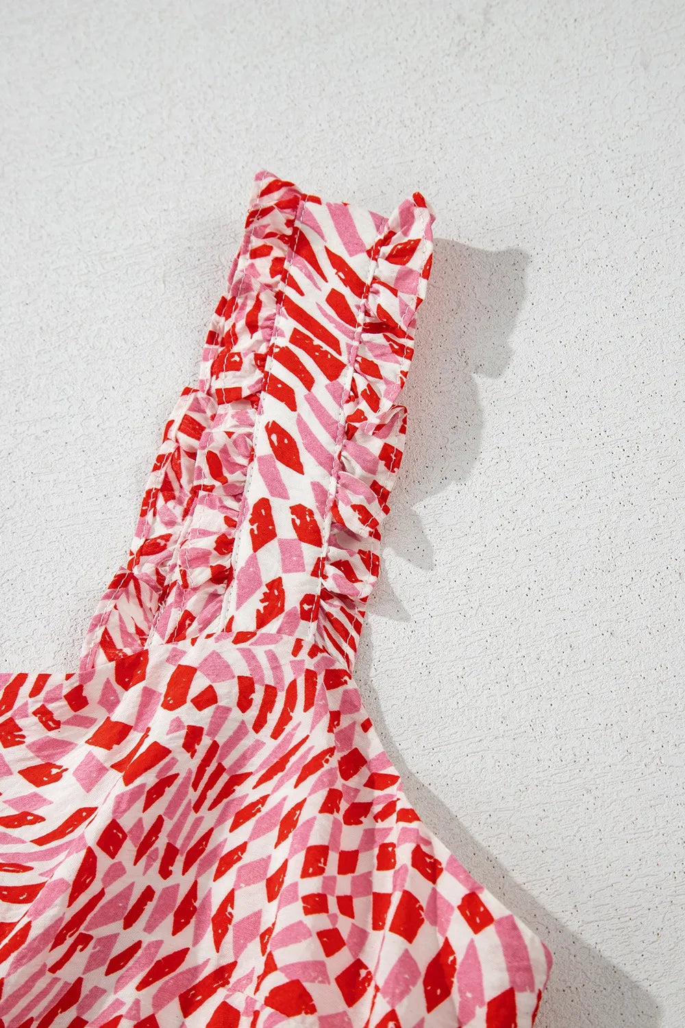 Geometric Print Knot Back Sleeveless Ruffle Hem Dress