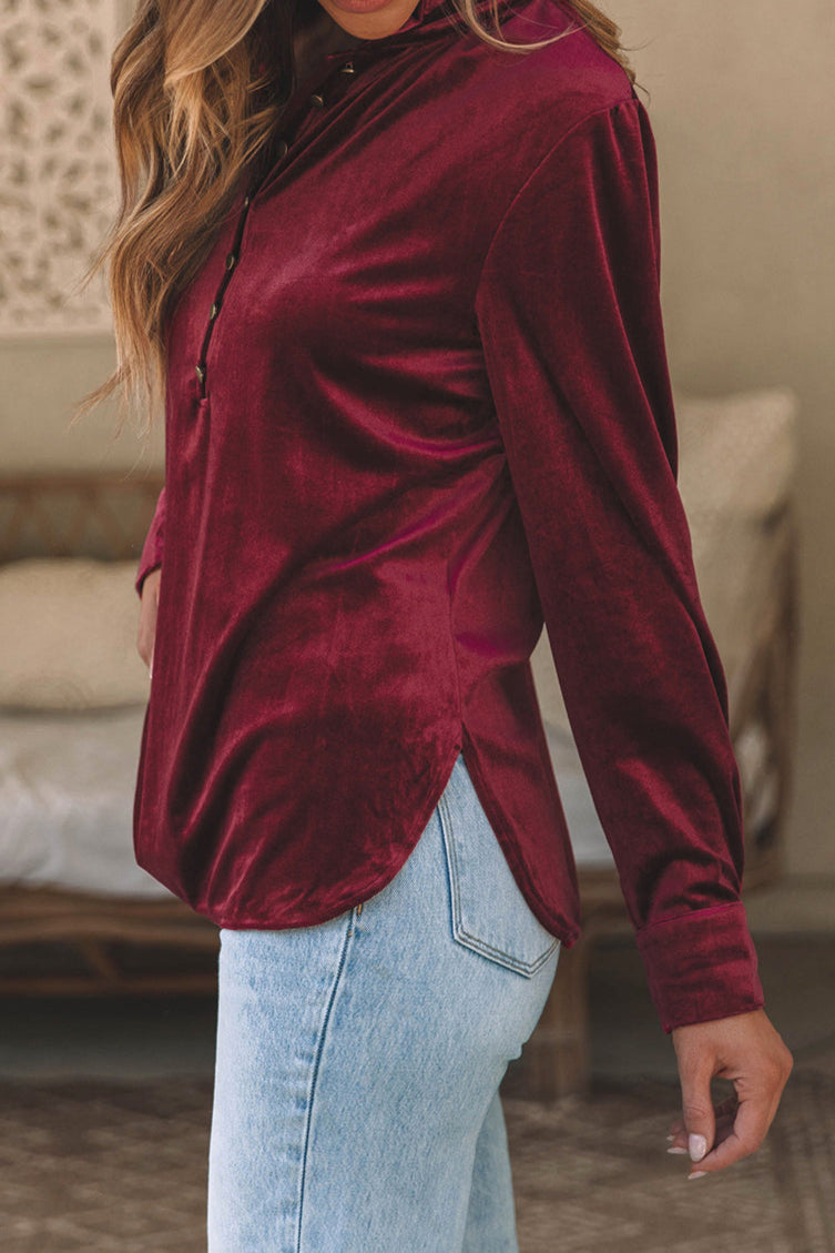 Solid Velvet Button Front Top