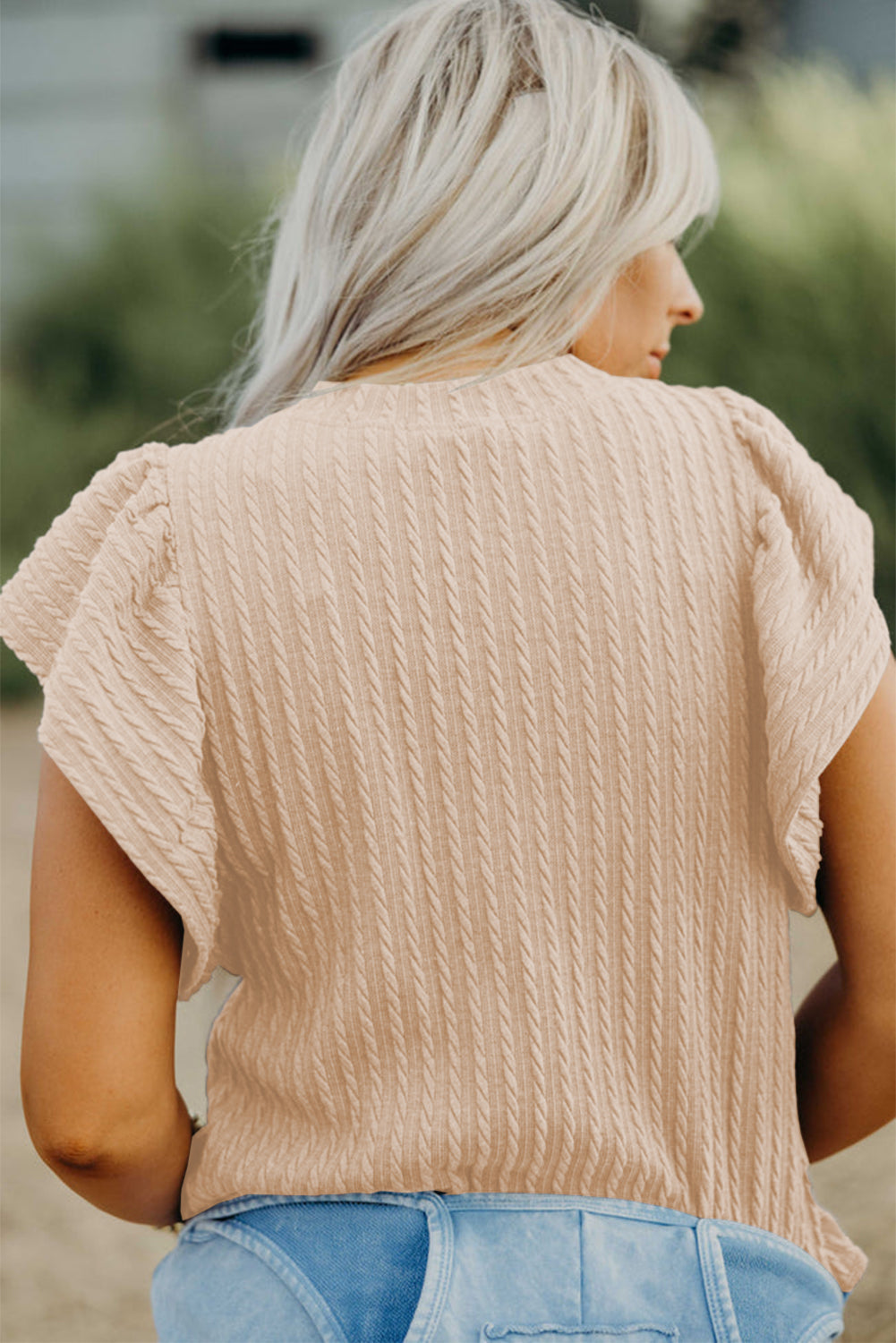 Solid Cable Textured Flutter Sleeve Top