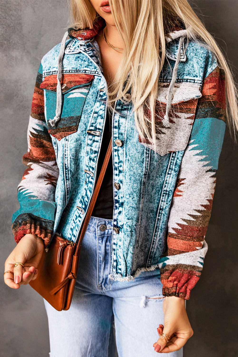 Aztec Denim Patchwork Hooded Jacket