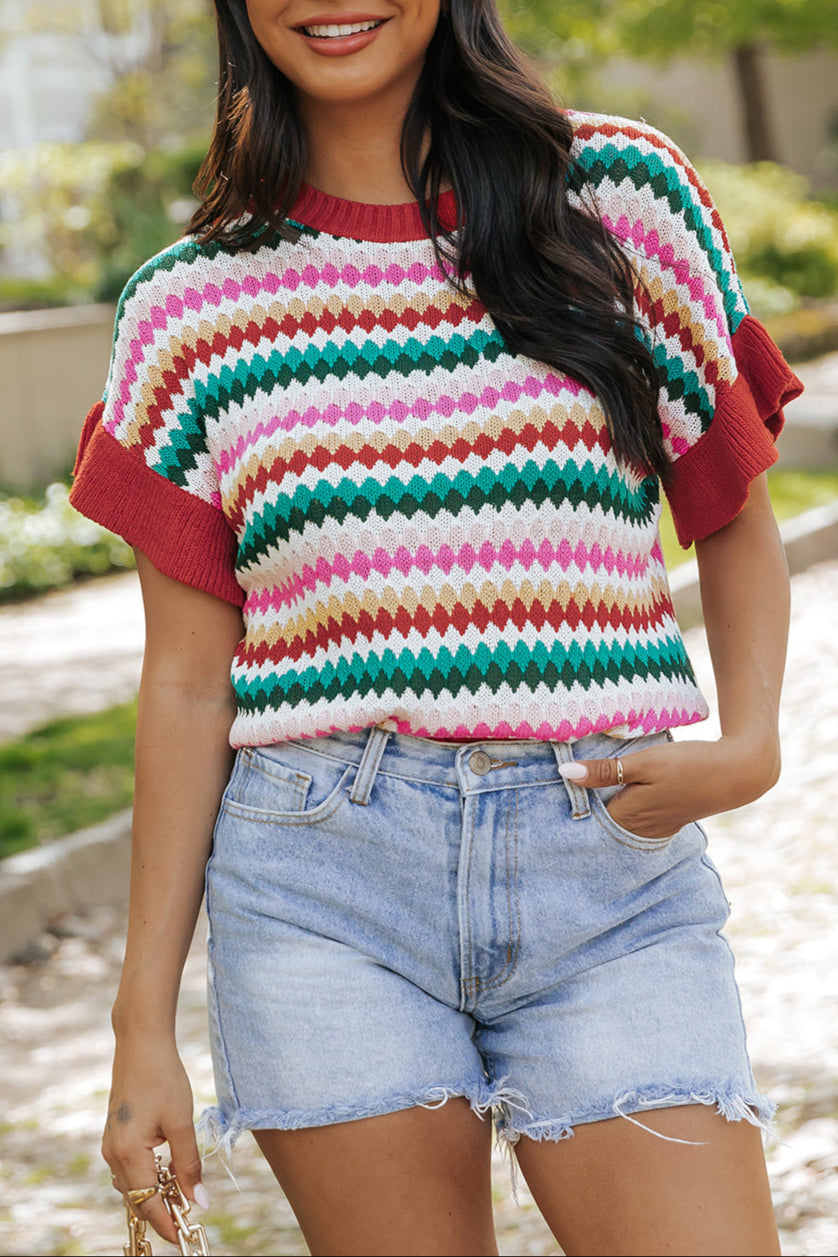 Stripe Ruffle Short Sleeve Sweater