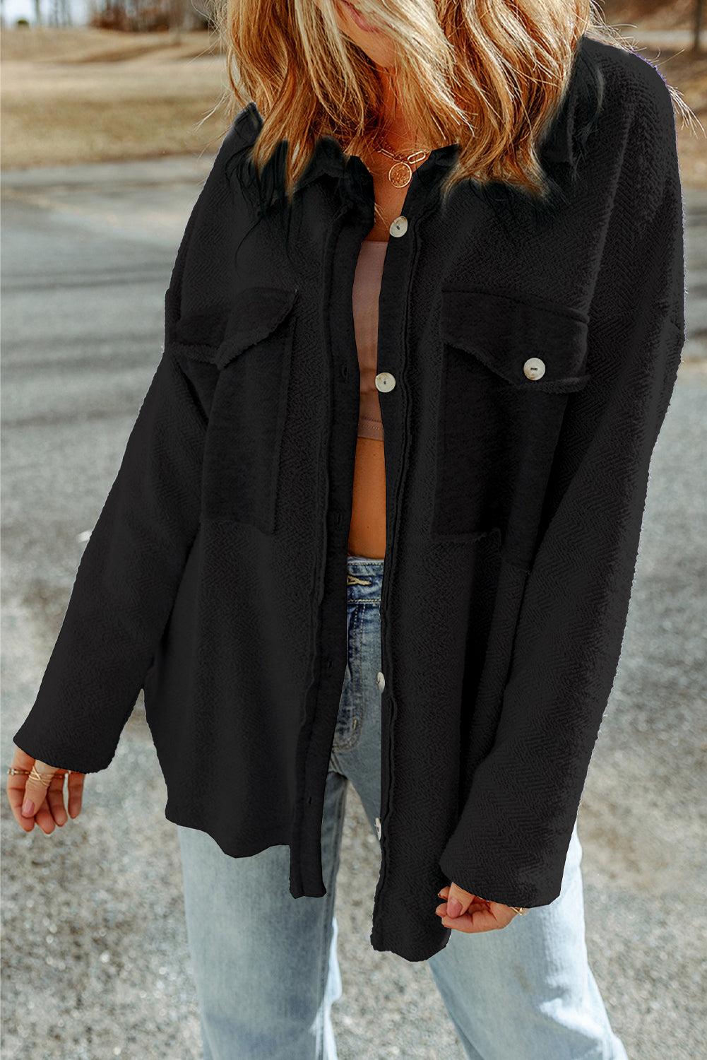 Textured Contrast Flap Pocket Shacket