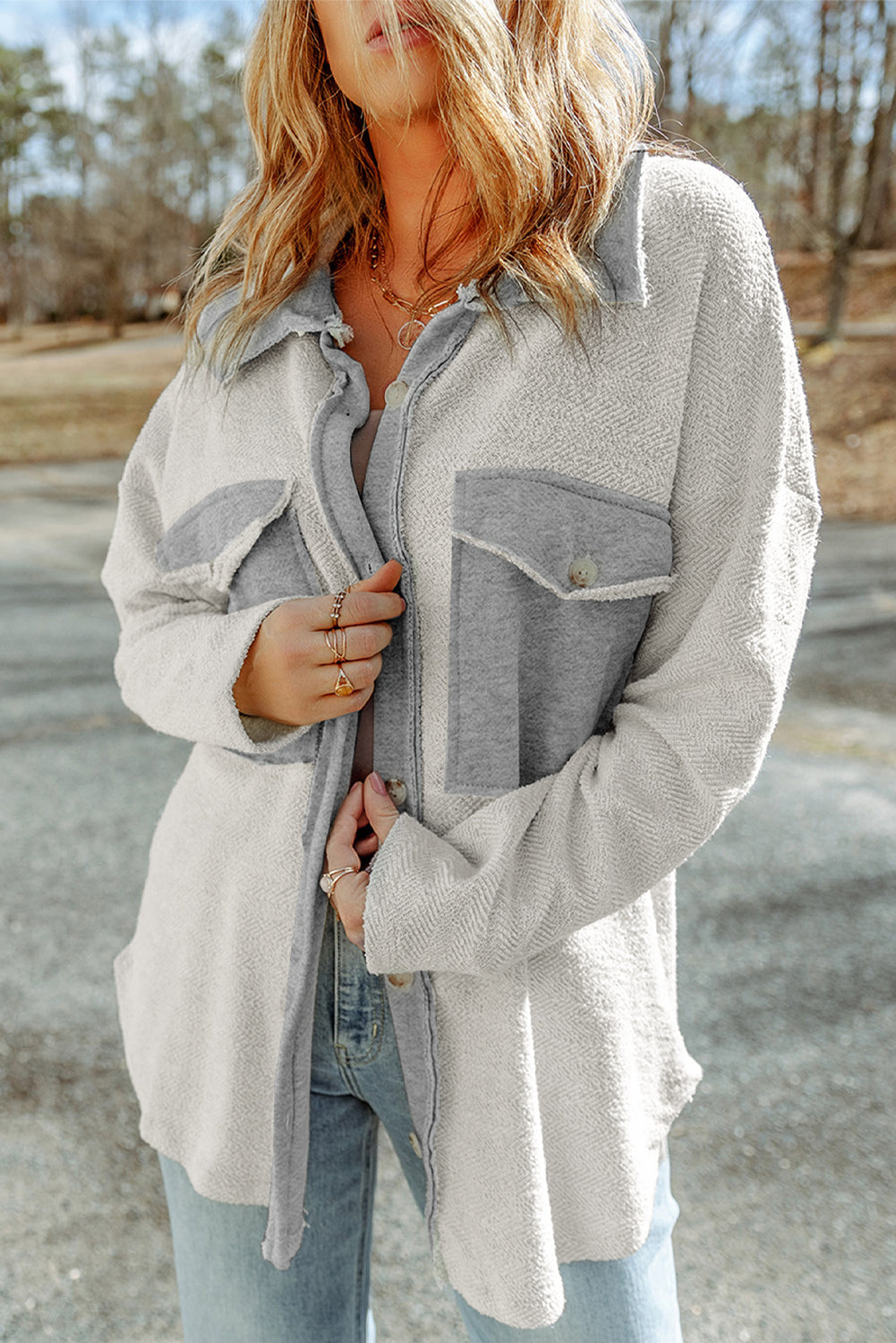 Textured Contrast Flap Pocket Shacket
