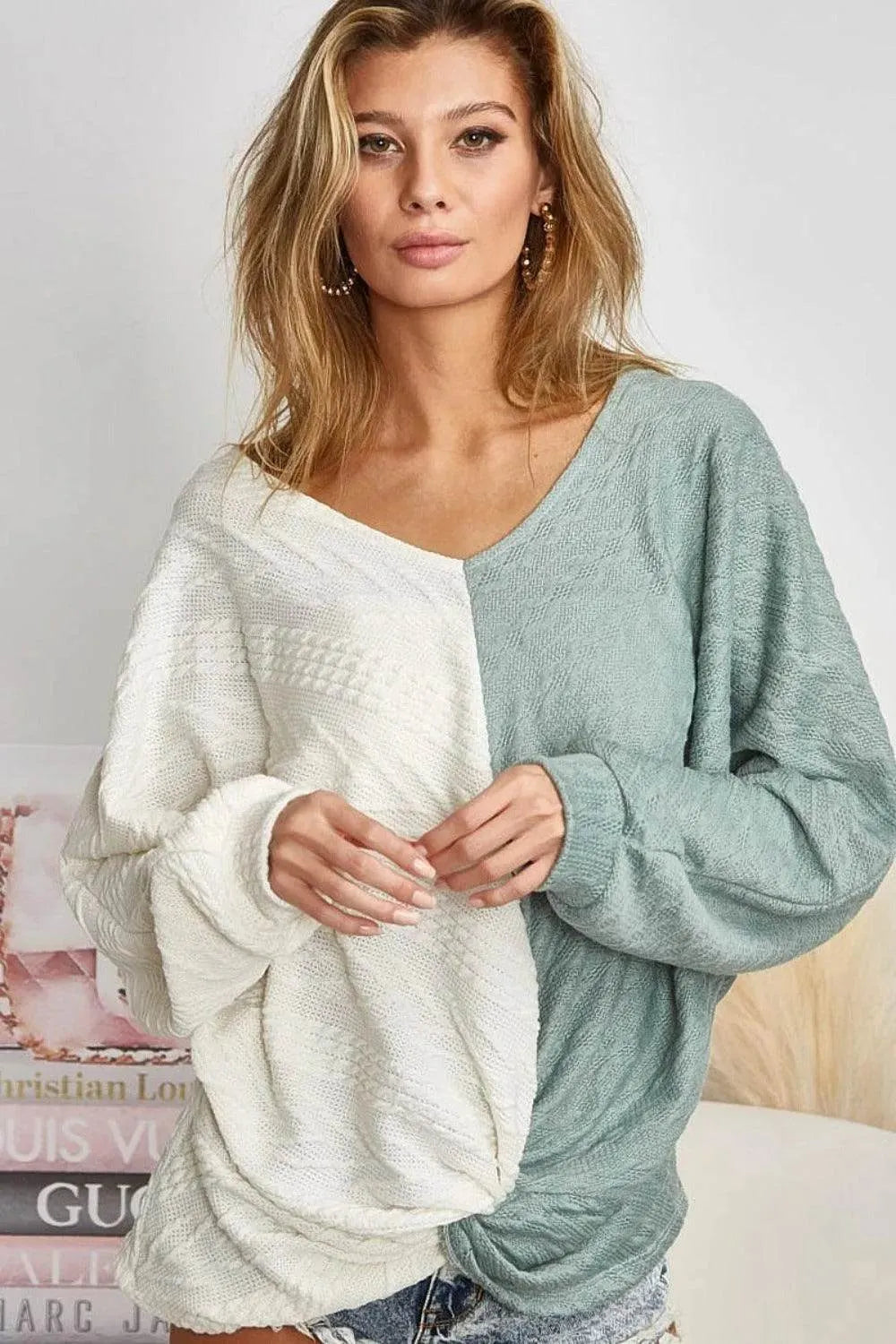Twist Front Contrast Cable Knit Top | Bibi Cozy Chic – Bona Fide Fashion