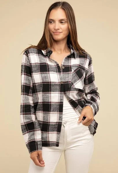 Zenana Cotton Plaid Shirt with Front Pocket | Women’s Long Sleeve Button-Up