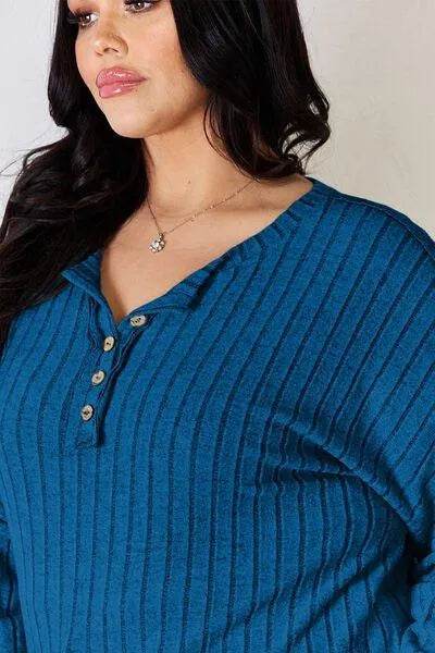 Basic Bae Full Size Ribbed Half Button Long Sleeve T-Shirt | Bona Fide Fashion