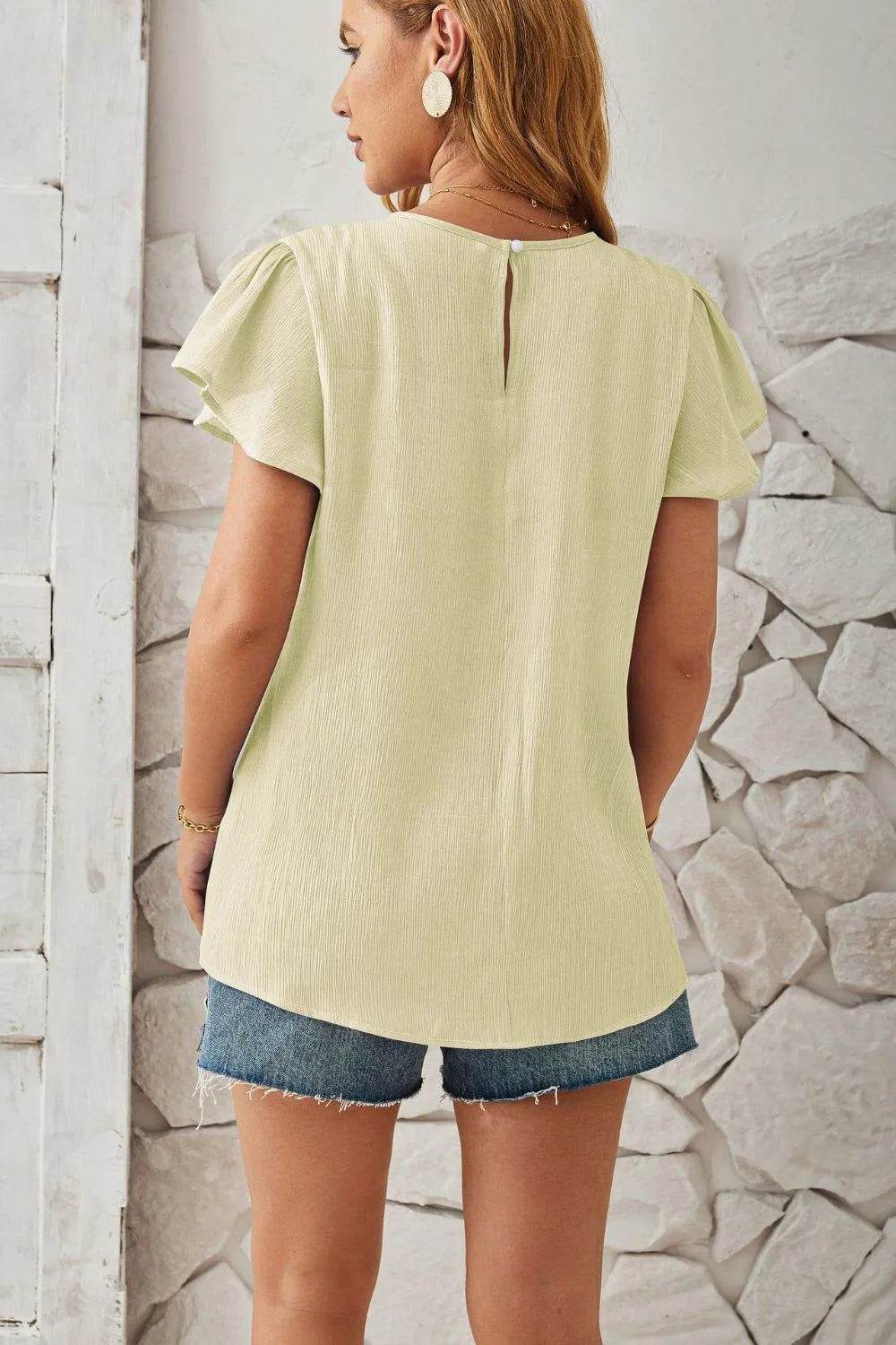 Bona Fide Fashion - Round Neck Keyhole Cap Sleeve T-Shirt - Women Fashion