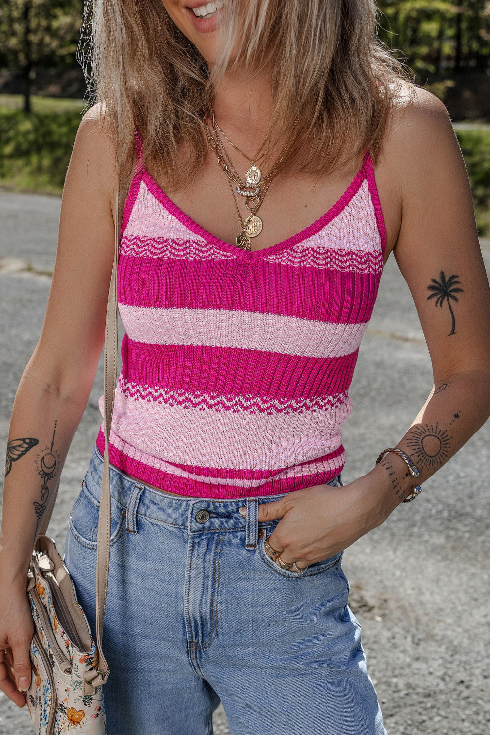 Stripe Adjustable Strap Sweater Tank