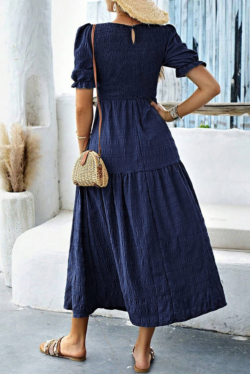 Smocked Short Sleeve Midi Dress