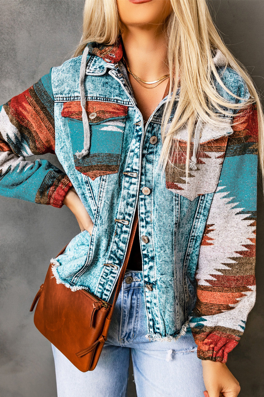Aztec Denim Patchwork Hooded Jacket
