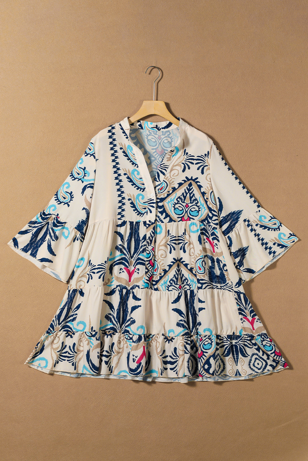 Boho 3/4 Sleeve Buttoned Mini Dress