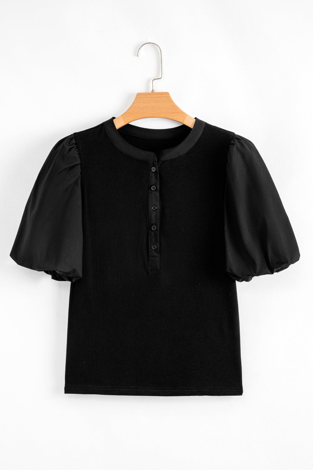 Ribbed Patchwork Puff Sleeve Top