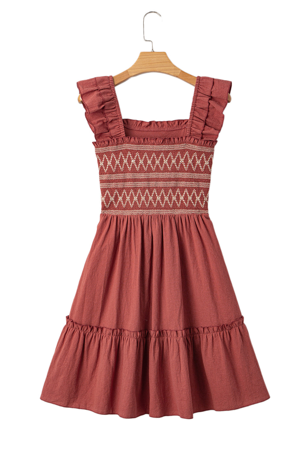 Geometric Embroidered Ruffle Mini Dress
