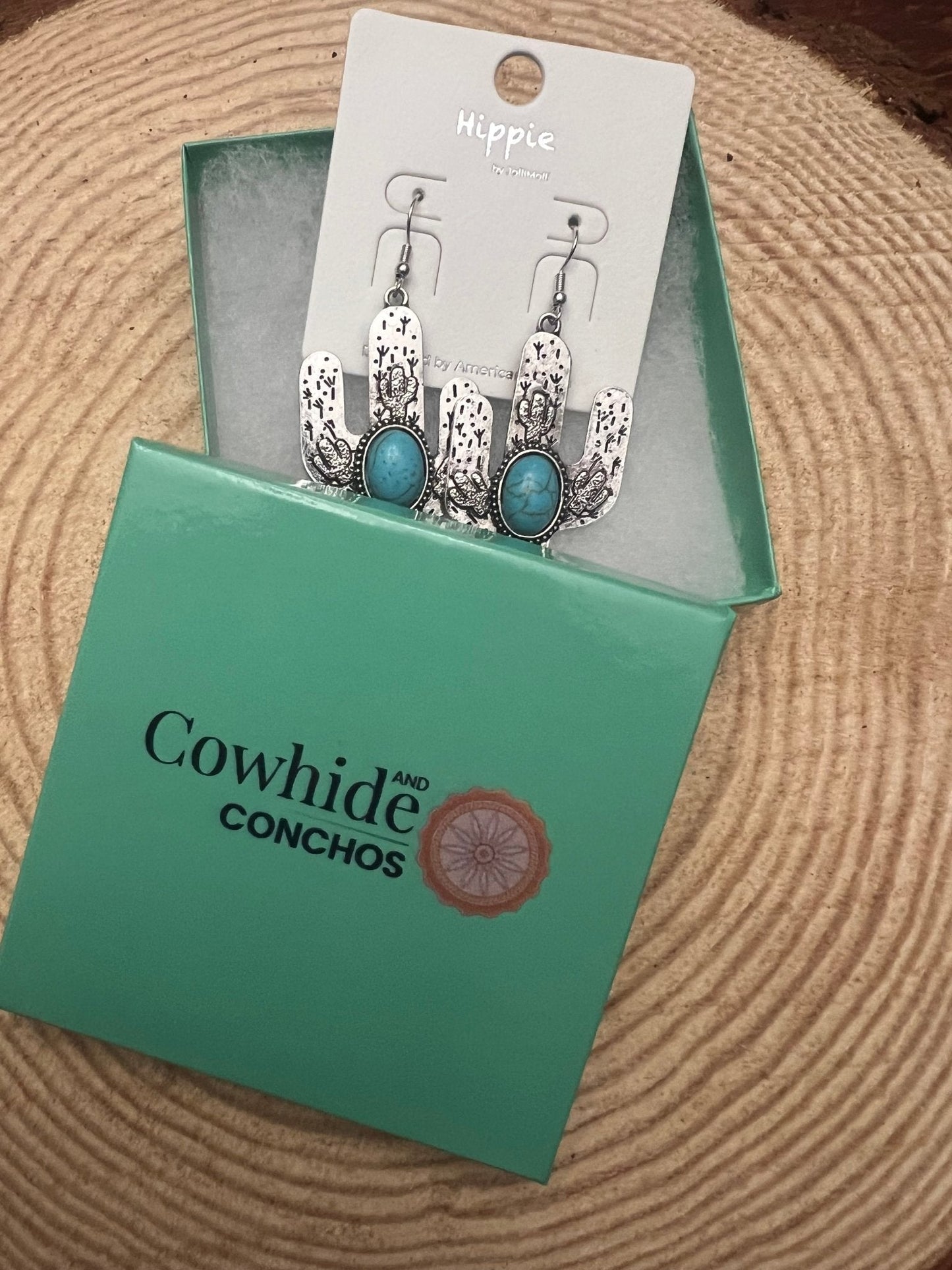 Cactus Dangle Earrings with Faux Turquoise - 2 1/2 inch drop