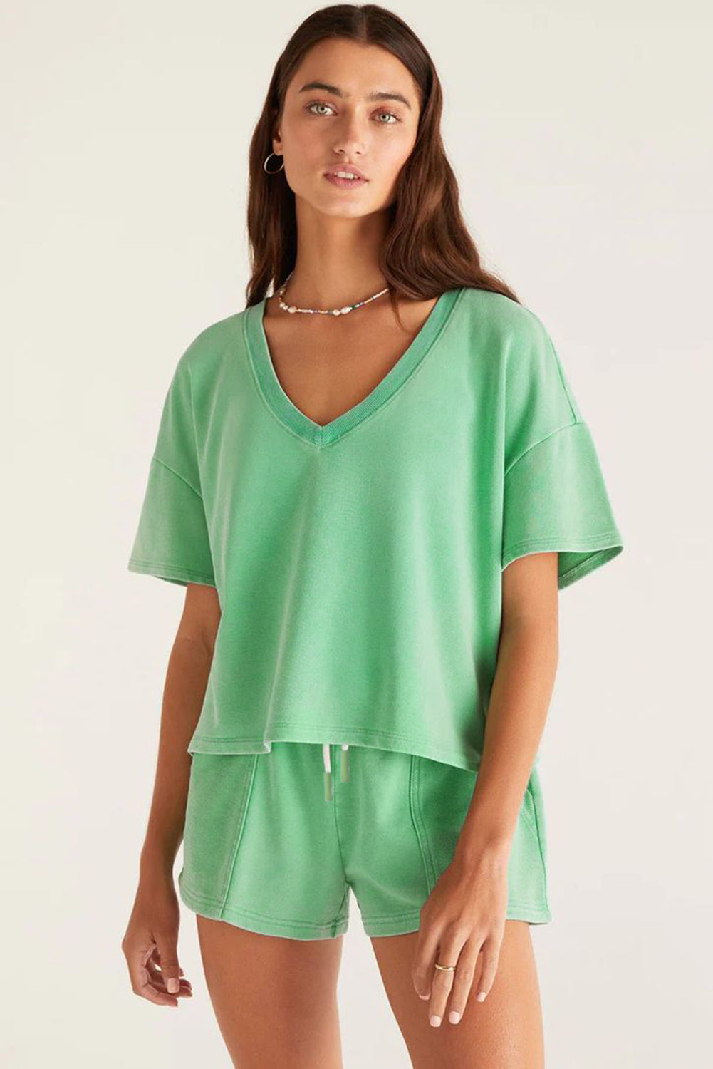 Patchwork V-Neck Tee and Shorts Set