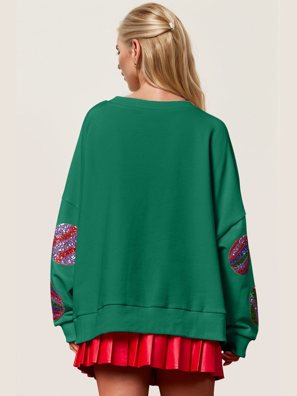 Double Take Christmas Element Sequin Round Neck Long Sleeve Sweatshirt