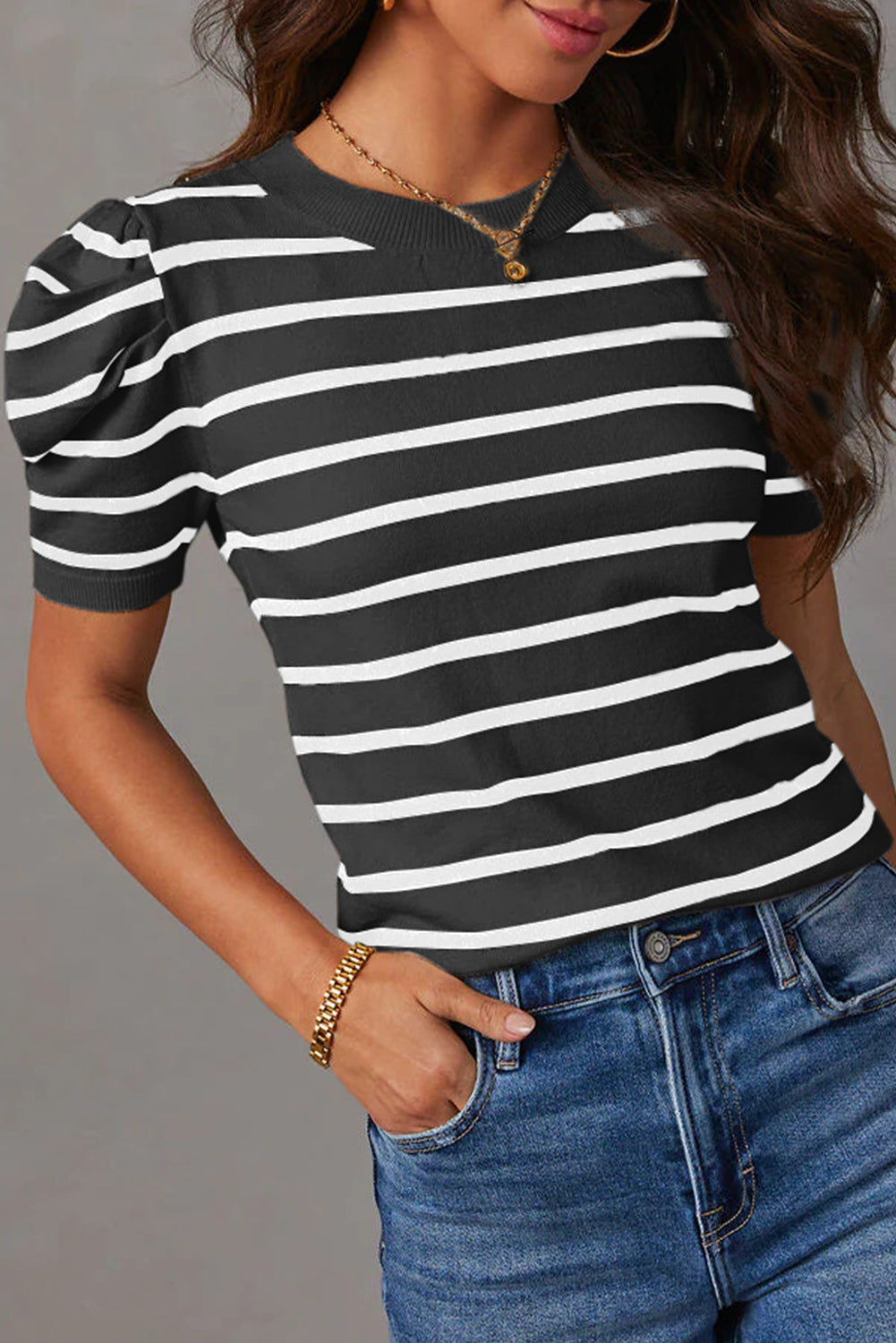 Stripe Ruched Bubble Sleeve Top