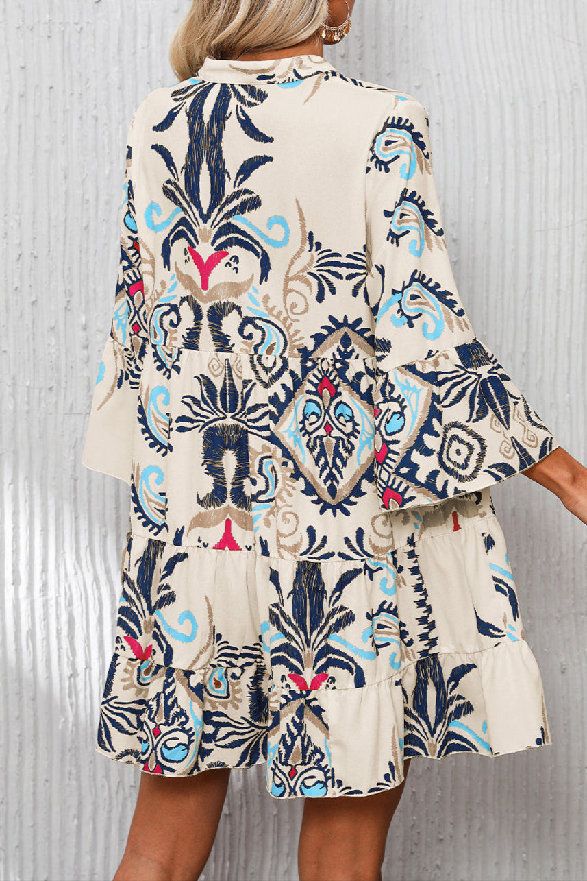 Boho 3/4 Sleeve Buttoned Mini Dress