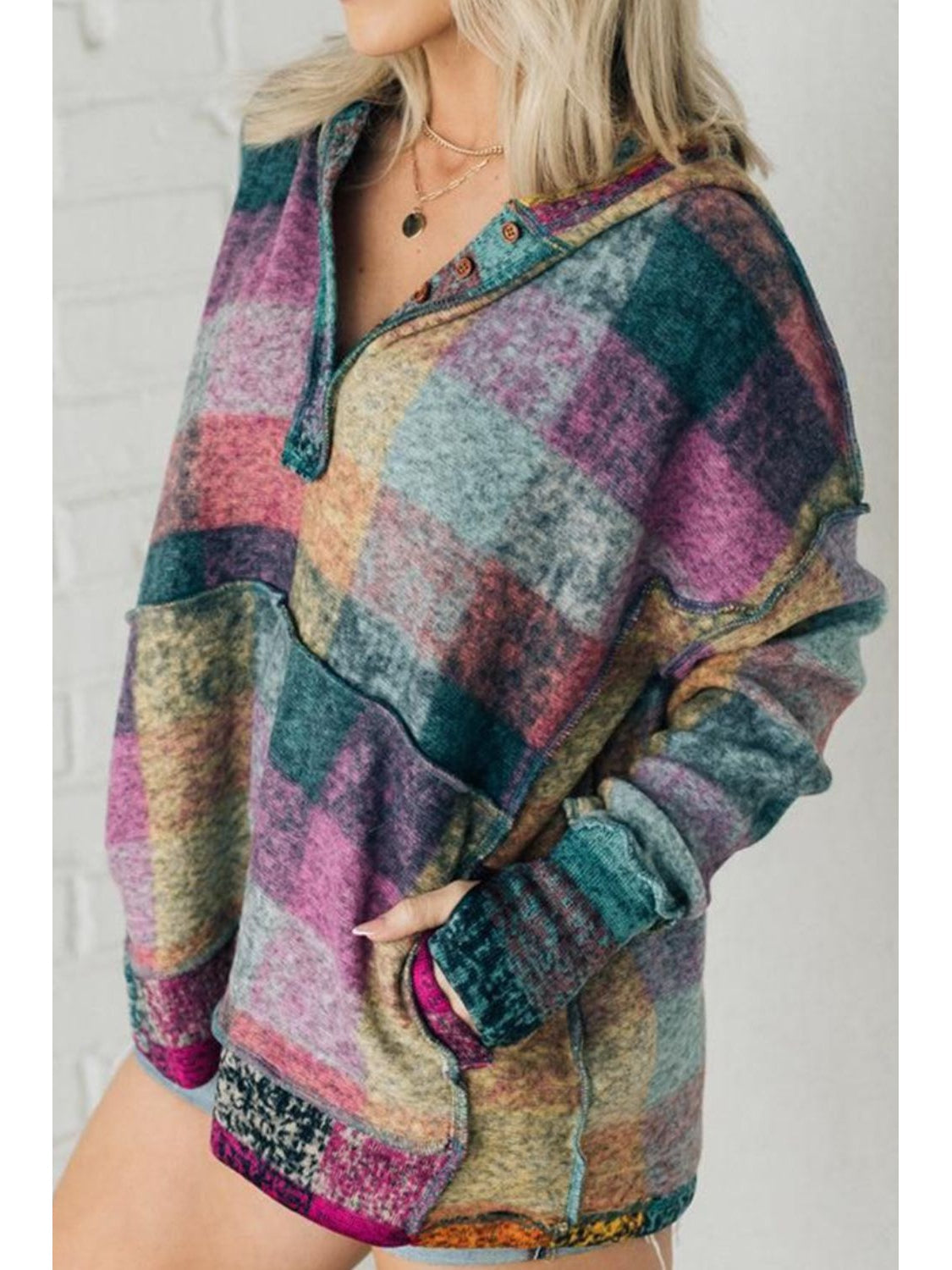 Women Multicolor Brushed Plaid Buttoned Pullover Oversized Hoodie