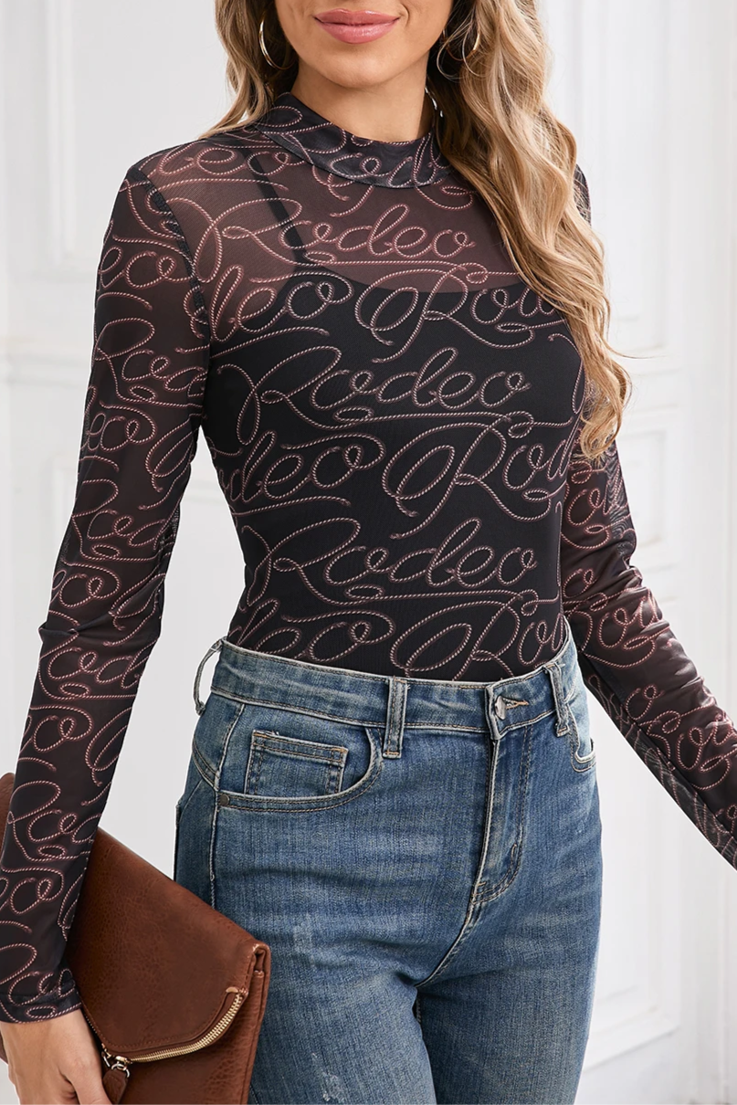 Western Rodeo Mesh Mock Neck Top