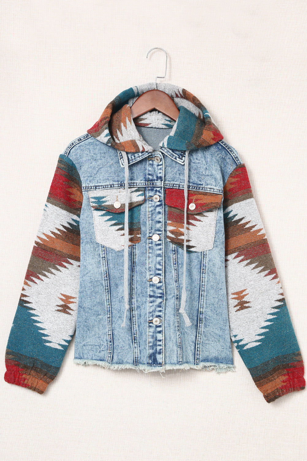 Aztec Denim Patchwork Hooded Jacket
