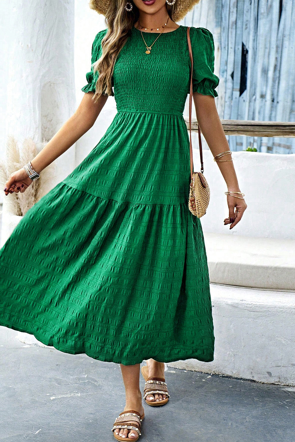 Smocked Short Sleeve Midi Dress